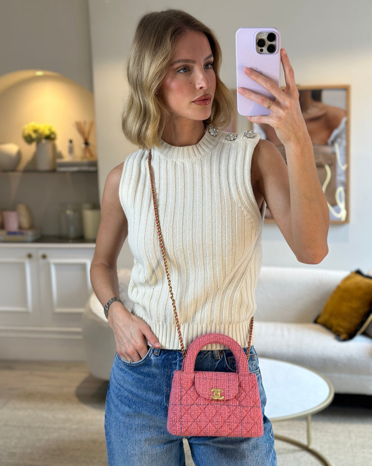 Chanel Pink Tweed Small Kelly Bag with Brushed Antique Gold Hardware