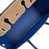 Hermes Special Order (HSS) Birkin 30 Etoupe and Bleu Saphire Chevre Brushed Gold Hardware