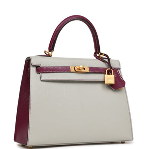 Hermes Special Order (HSS) Kelly Sellier 25 Gris Perle and Anemone Chevre Brushed Gold Hardware