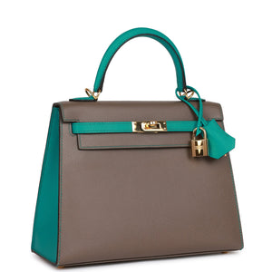 Hermes Special Order (HSS) Kelly Sellier 25 Etain and Bleu Paon Epsom Gold Hardware