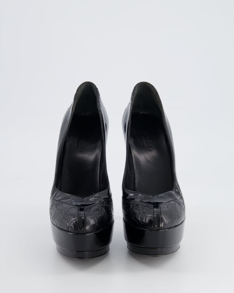 Gucci Black Patent Croc Embossed Platform Heels Size EU 36