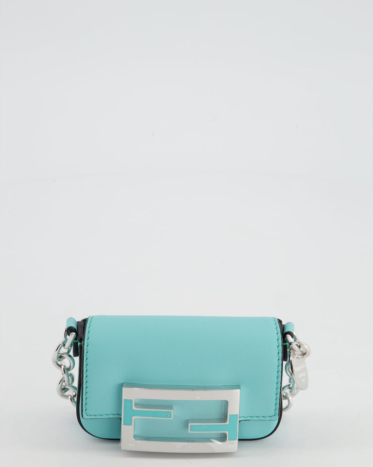 Fendi x Tiffany&Co Tiffany Blue Leather Nano Baguette Bag with Sterling Silver Hardware and Tiffany Tag