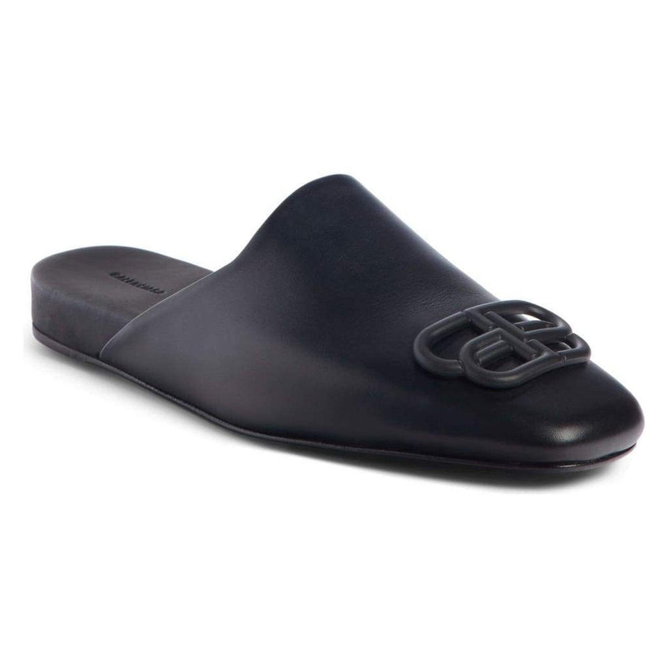 Balenciaga-Black BB Logo Leather Slipper Shoes - Runway Catalog