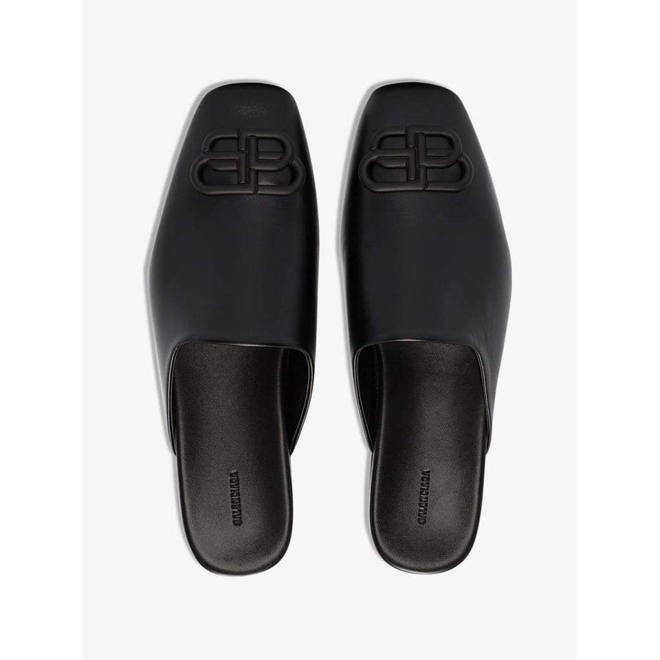 Black BB Logo Leather Slipper Shoes