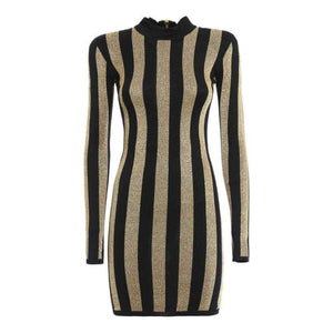 Balmain-Lurex Gold Black Striped Pattern Mini Dress - Runway Catalog