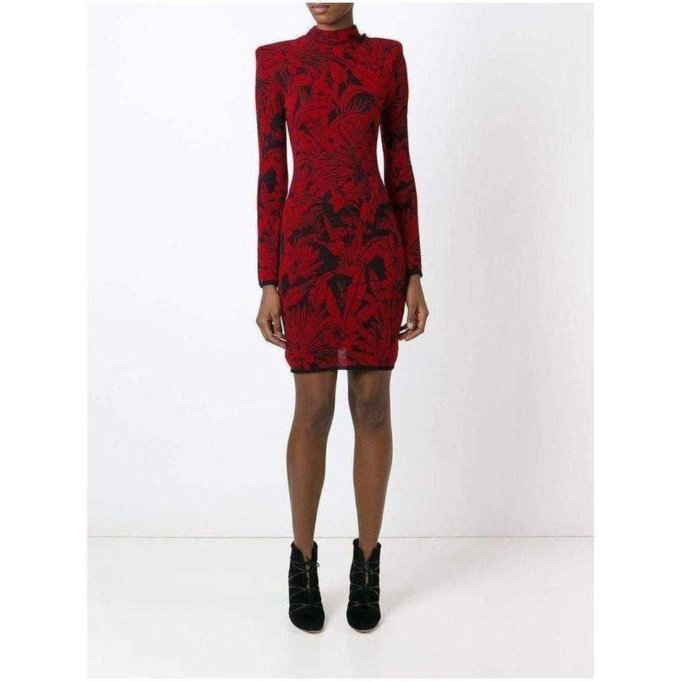 Red Black Flower Intarsia Wool Dress 3764378M