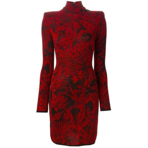 Balmain-Red Black Flower Intarsia Wool Dress 3764378M - Runway Catalog