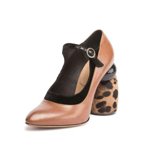 Camel Leopard Leather Mary Jane Shoes