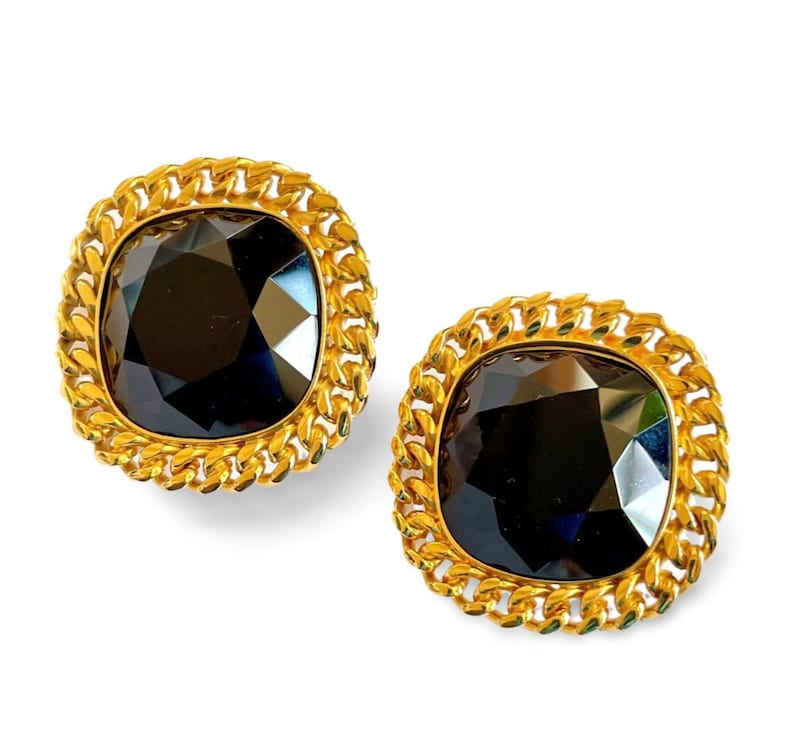 CELINE Vintage black diamond cut glass earrings with golden chain fram ...