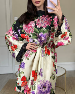 Gucci Cream, Black, Pink and Purple Floral Silk Print Dress with Drawstring Waist and Embellishment Size IT 44 (UK 12)