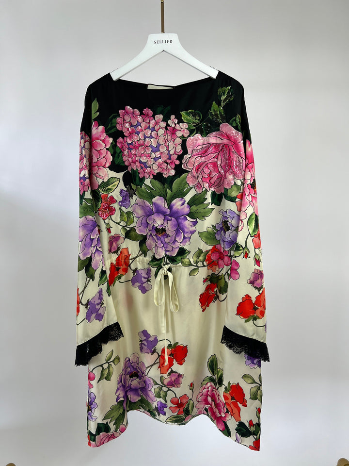 Gucci Cream, Black, Pink and Purple Floral Silk Print Dress with Drawstring Waist and Embellishment Size IT 44 (UK 12)
