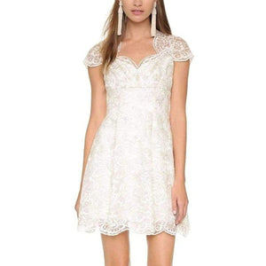 Marchesa Notte-White Metallic Lace Cap Sleeve Dress - Runway Catalog